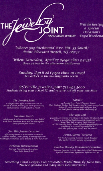 New Jersey Wedding Officiant, Andrea Purtell , will be part of A Special Occasion Expo Weekend hosted by The Jewelry Joint at 503 Richmond Ave, Point Pleasant Beach, NJPicture