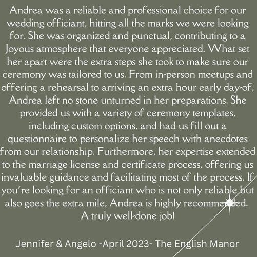 Weddings at The English Manor by NJ Wedding Officiant Andrea Purtell, For This Joyous Occasion Officiating Services
